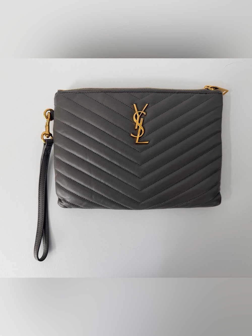 Saint Laurent YSL Monogram Small Pouch Wristlet in Dark Gray Quilted Leather